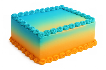 Vibrant rectangular cake with a smooth gradient of blue and orange frosting, perfect for celebrations and special occasions