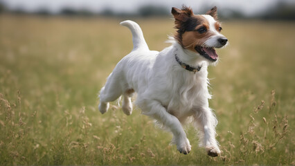 A long-haired Jack Russell is running through a beautiful meadow