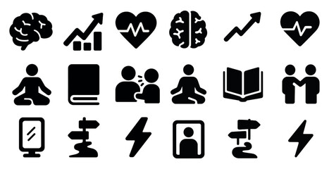 Health and wellness solid icons set &ndash; fitness, meditation, lifestyle symbols