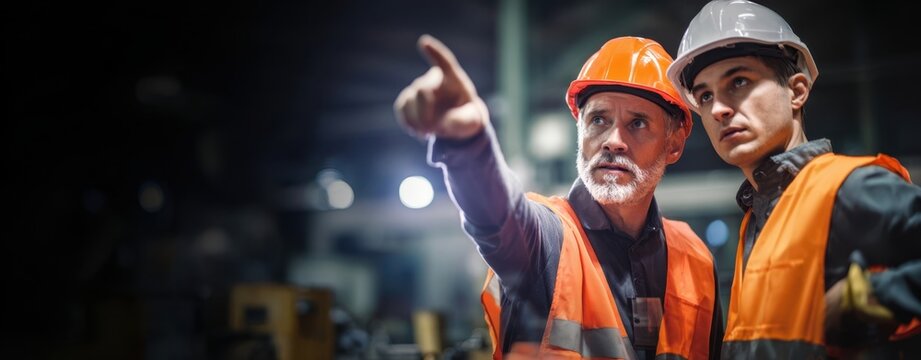 The construction workers discussing plans in a dynamic industrial setting.