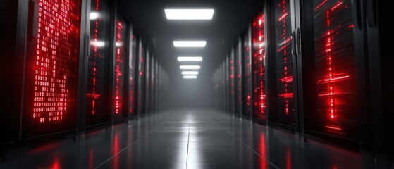 A futuristic data center hallway with rows of servers emitting red digital code, illuminated by ceiling lights and reflecting off the glossy floor.