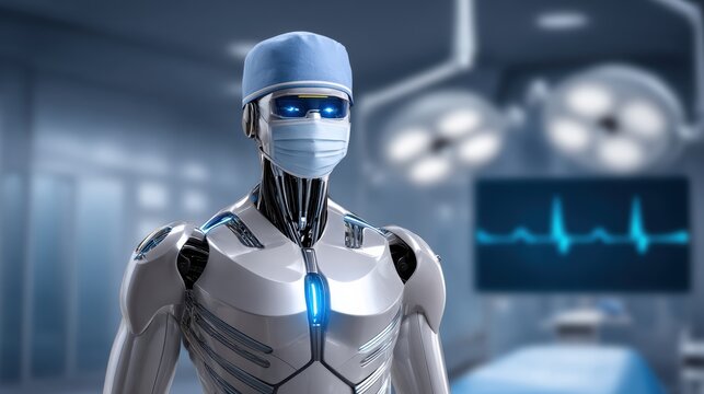 A futuristic medical robot wearing surgical gear stands in a high-tech operating room with heart monitor visuals in the background.