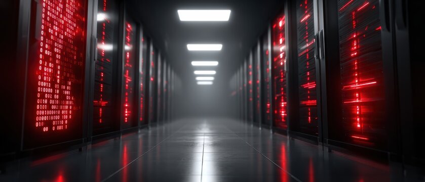 A futuristic data center hallway with rows of servers emitting red digital code, illuminated by ceiling lights and reflecting off the glossy floor. - Powered by Adobe