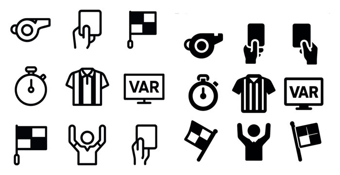 Referee tools icons set – silhouette, sports, whistle and flag symbols