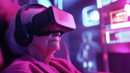 Elderly woman wearing a virtual reality headset and headphones, immersed in a futuristic digital experience with neon purple and blue lighting.