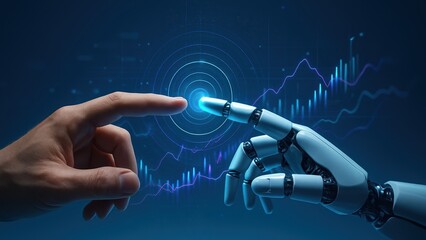 Human hand touches robotic finger with glowing graphs and data lines, symbolizing digital fusion of robot assistant and robotic intelligence