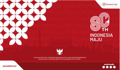 Happy 80th years Indonesia Independence Day red batik background template with 80 logo, Indonesian landmarks skyline, social media spots on beautiful Kawung batik pattern background. 