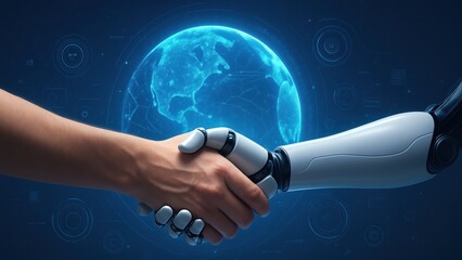 Human and robotic hands shake with glowing globe and tech in background, showing harmony between robot assistant and robotic intelligence in a connected world