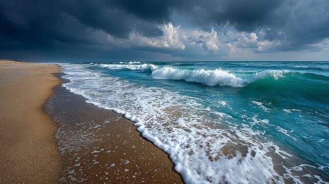 Dramatic ocean waves crash on sandy beach under moody, storm-filled clouds