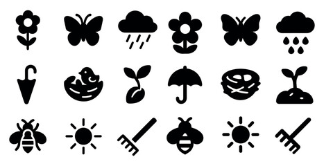 Gardening and nature icons set – solid, filled, plant and outdoor symbols