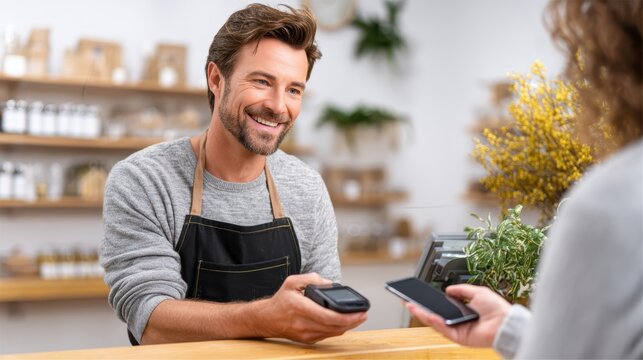 A smiling male cashier in an apron processes a contactless payment with a card reader for a customer using a smartphone.