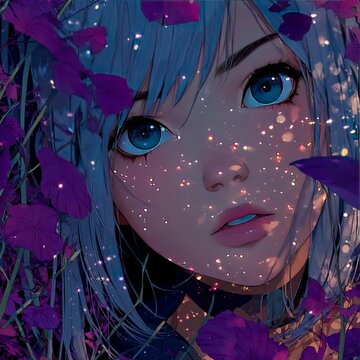 Fantasy Anime-Style Close-Up: Girl with Starry Eyes, Glowing Blue-Purple Hair and Floral Aura in Moonlit Garden, Fireflies Illuminating Night Scene