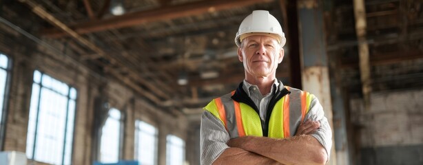 The confident construction worker showcasing experience in an industrial setting.
