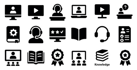 Customer support solid icons set – service, communication, tech elements