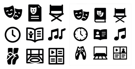 Performing arts icons set &ndash; solid, filled, theater and music symbols