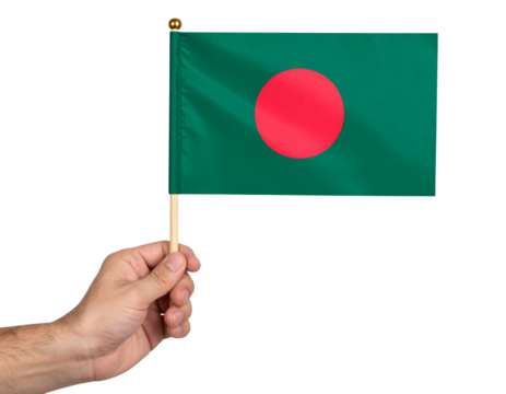 Hand Holding Mini Bangladesh Flag on Wooden Stick, Front-Facing View, Isolated PNG.
