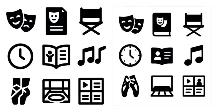 Performing arts icons set – solid, filled, theater and music symbols