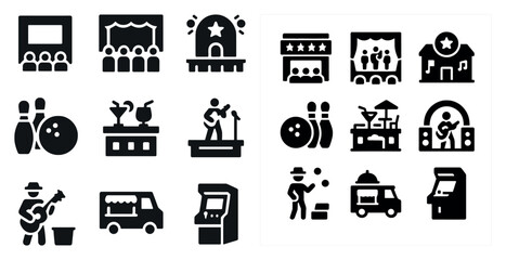 Concert and festival silhouette icons set – music, venue, entertainment symbols