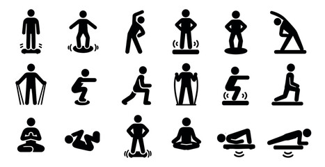 Obraz premium Fitness and exercise silhouette icons set – solid, workout, training symbols