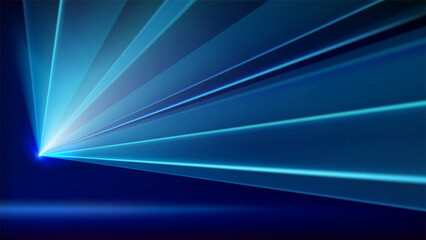 Laser light show. Bright led laser beams, dj light party. Illuminated blue stage, led strobe lights. Background, backdrop for displaying products. Vector illustration