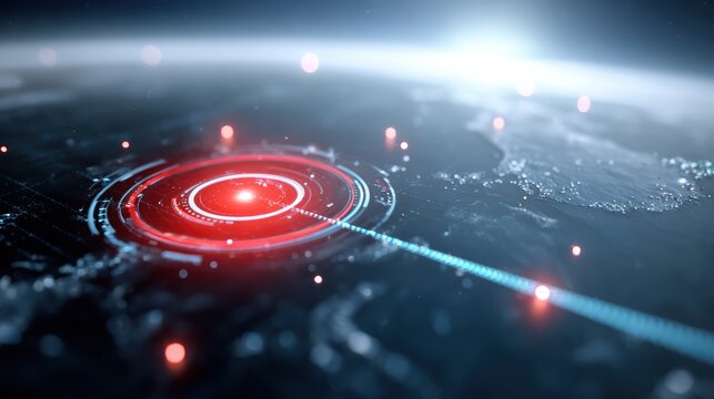 A futuristic digital map highlights a glowing red target point on a globe, symbolizing data, location tracking, and technology integration.
