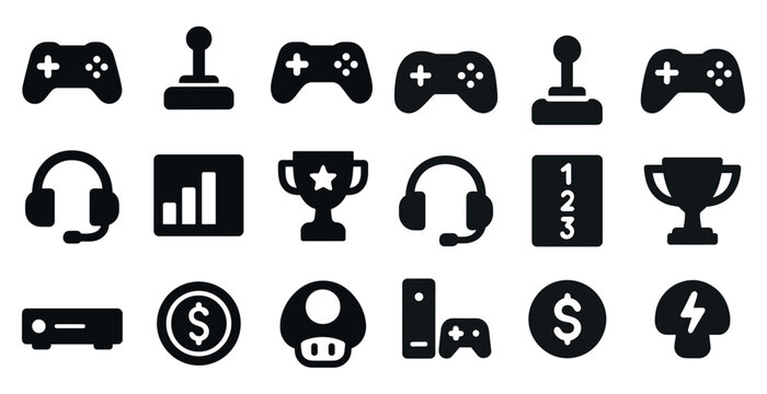 Gaming and technology solid icons set – flat, filled, gamer tools and devices