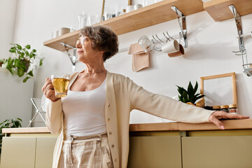 Senior woman enjoying a warm drink while relaxing in her cozy home environment