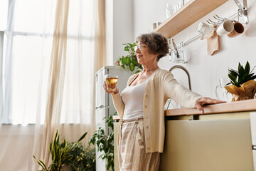Senior woman enjoys tea in cozy home while surrounded by plants and sunlight