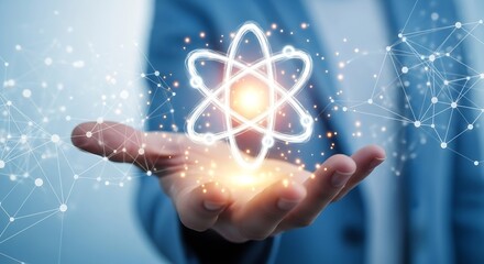Futuristic Technology Concept: Person Holding Glowing Atom Symbol in Palm with Network Connections, Innovation and Digital Transformation Illustration