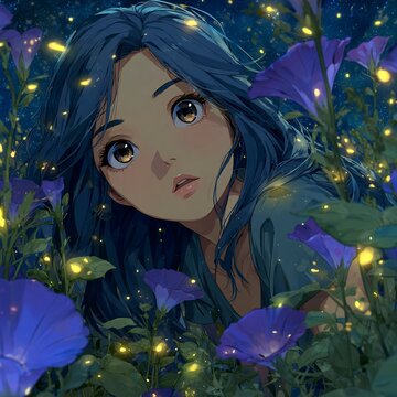 Fantasy Anime-Style Close-Up: Girl with Starry Eyes, Glowing Blue-Purple Hair and Floral Aura in Moonlit Garden, Fireflies Illuminating Night Scene