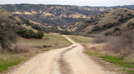 Empty dirt road winding through a valley