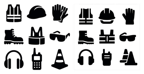 Safety and industrial solid icons set – silhouette, filled, protective gear symbols