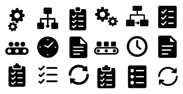 Business management solid icons set – silhouette, workflow, project planning tools