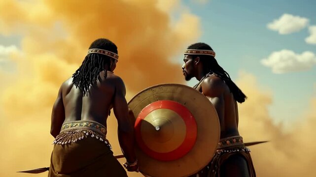 Two skilled Zulu warriors engage in an intense duel, demonstrating their mastery of traditional combat techniques. The vibrant landscape enhances the cultural richness of this powerful display.