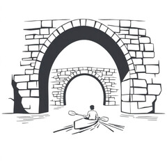 A kayaker gliding beneath arched stone bridges