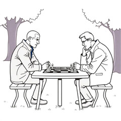 Fototapeta premium Two chess rivals hunched over an outdoor park table