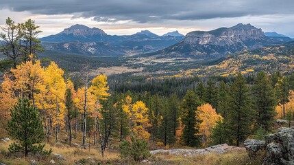 Autumnal mountain vista, colorful trees, rugged peaks