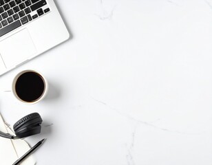 Online Education Concept with Laptop, Headphones, Notebook, and Coffee on Clean Desk