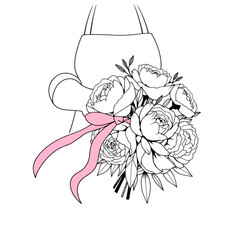 A florist tying pink ribbon around a bouquet of peonies