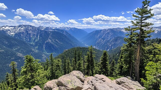 Mountain vista, dense forest, snow-capped peaks, blue sky, puffy clouds