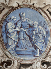 BOBBIO, ITALY - MAY 20, 2025: The baroque fresco of  Wedding of St. Joseph and Virgin Mary (detail...