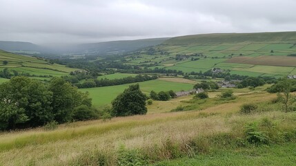 Obraz premium Panoramic valley view, green fields, and hills