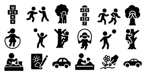 Obraz premium Outdoor playground silhouette icons set – kids, recreation, playtime symbols
