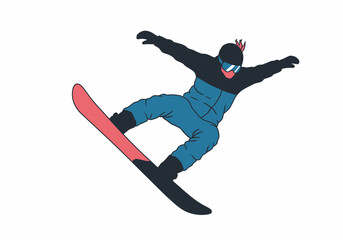 Obraz premium Cartoon snowboarder in blue suit midair on pink snowboard