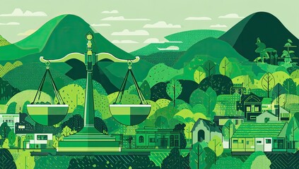Green landscape with balance scales