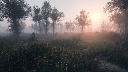Misty sunrise in a field of small flowers.  Trees line the horizon