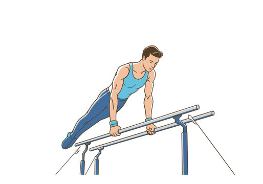 Gymnast on parallel bars blue leotard wristbands focused gaze