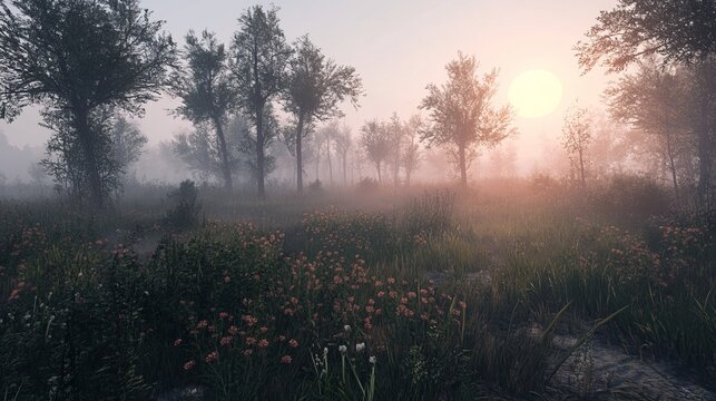 Misty sunrise in a field of small flowers.  Trees line the horizon - Powered by Adobe