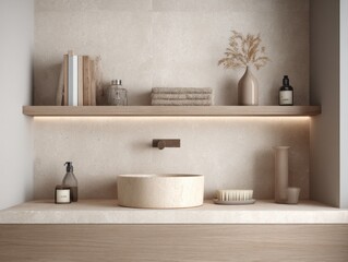 Fototapeta premium A bathroom with a sink and a shelf with a vase and a book. The shelf also has a bottle and a brush