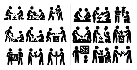 Community gardening silhouette icons set – filled, solid, volunteer and sustainability symbols